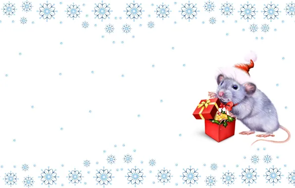 Картинка праздник, подарок, мышка, арт, Новый год, символ, крыса, снежинка