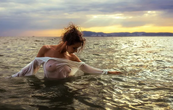 Girl, sexy, wet, nipples, boobs, water, model, bokeh