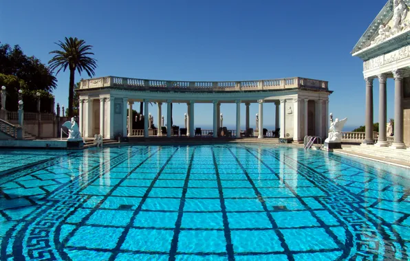 Картинка небо, Калифорния, колонны, США, архитектура, Hearst Castle, Сан-Симеон, бассейн Нептуна