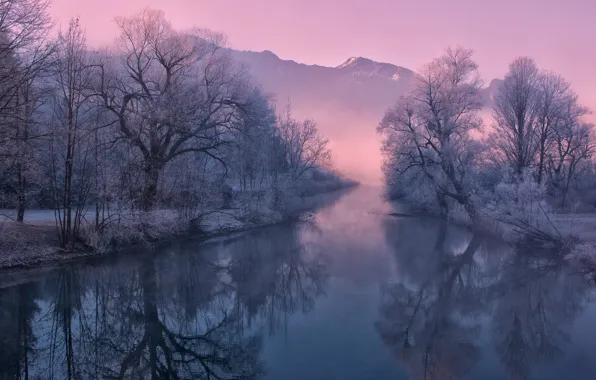 Картинка зима, иней, горы, природа, туман, река, утро, Германия