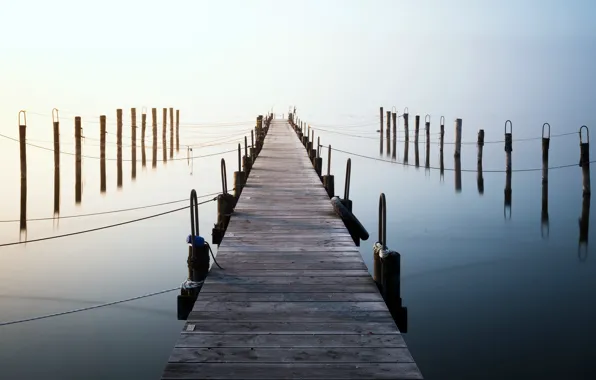 Картинка мост, туман, озеро, утро