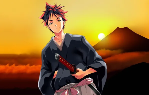 Закат, меч, аниме, парень, Shokugeki no Soma, Сома, кухня сомы