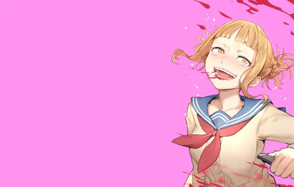Девушка, кровь, розовый фон, Моя геройская академия, My Hero Academia, Boku No Hero Academia, Toga …