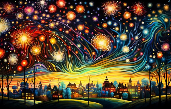 Звезды, ночь, город, огни, темный фон, праздник, графика, здания