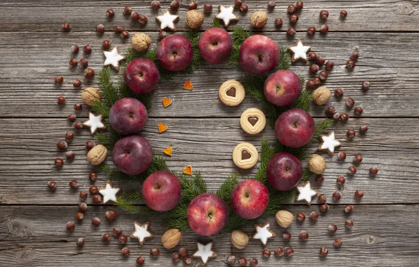 Украшения, яблоки, печенье, Рождество, Новый год, christmas, орехи, new year