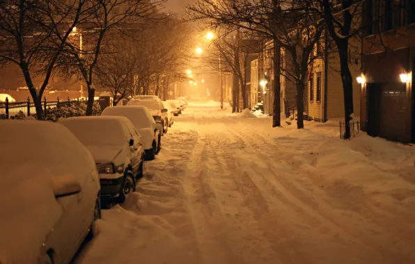 Зима, снег, ночь, Нью-Йорк, night, winter, new york, snow