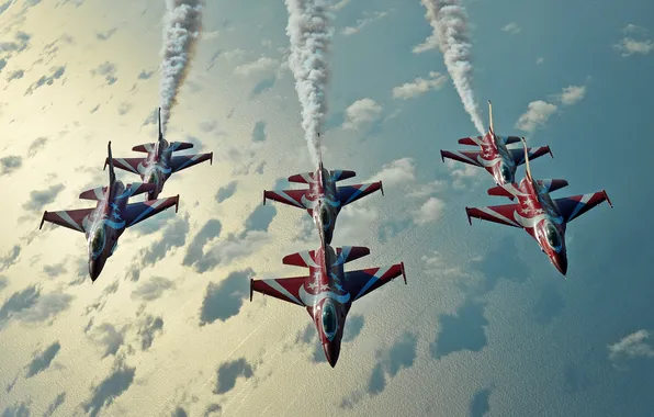Картинка группа, полёт, F-16, Fighting Falcon, пилотажная, ВВС Сингапура, Чёрные Рыцари