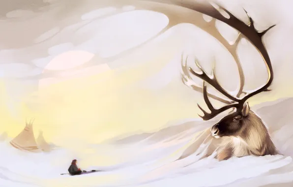 Картинка снег, олень, арт, рога, север