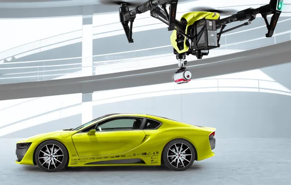 Car, yellow, Concept Car, Drone, Etos, CES 2016, Etos Concept Car, DJI Inspire One