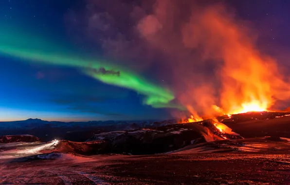 Картинка горы, стихия, северное сияние, Исландия, Iceland, извержение вулкана, Fimmvorduhals