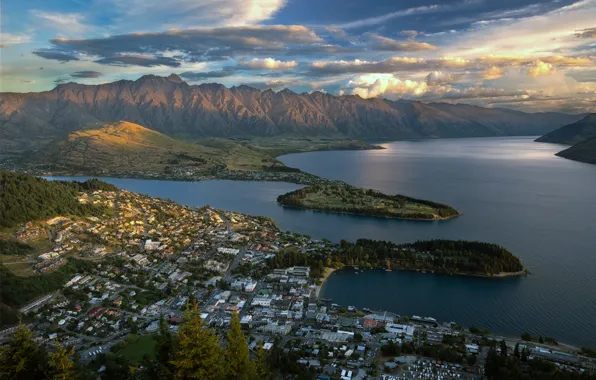 Картинка вода, закат, город, озеро, Горы, Новая Зеландия