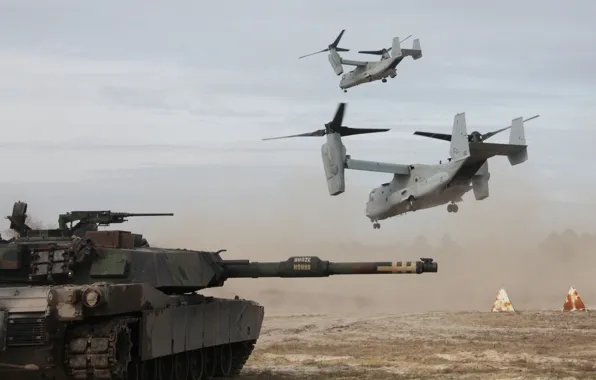 Картинка танк, взлет, боевой, Osprey, Абрамс, Bell V-22, M1 Abrams, конвертопланы