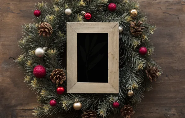 Картинка украшения, рамка, Новый Год, Рождество, Christmas, венок, wood, New Year
