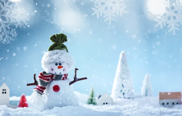 Картинка зима, снег, снежинки, Новый Год, Рождество, снеговик, Christmas, winter