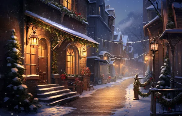 Картинка зима, снег, украшения, ночь, город, lights, шары, улица