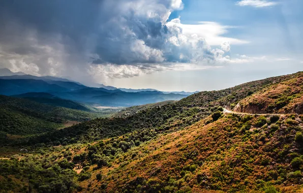 Картинка дорога, небо, облака, горы, Франция, долина, Corsica