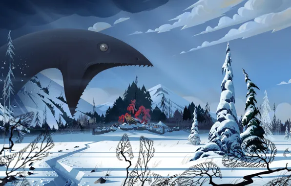 Зима, снег, пейзаж, монстр, деревня, art, The Banner Saga