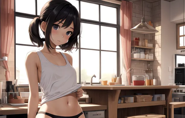 Картинка brunette, black panties, kitchen, indoors, white tank top, AI art