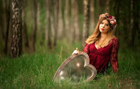 Картинка лес, лето, девушка, цветы, природа, поляна, сердце, платье