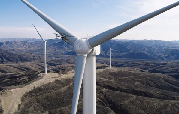 Drone, wind turbine, MWC 2017, DJI M200, isolated location, electric power generation, renewable energy, wilderness …