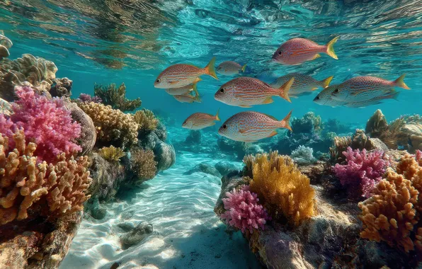 Море, свет, рыбки, рыбы, океан, кораллы, подводный мир, морское дно