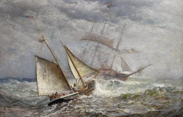 Картинка море, шторм, парусник, картина, живопись, James Gale Tyler