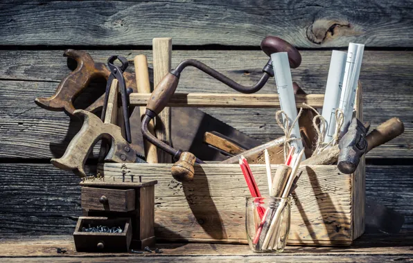 Carpentry, manual dril, toolbox