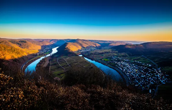 Небо, природа, река, холмы, Германия, кусты, mosel, красивая картинка