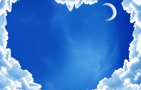 Картинка небо, звезды, облака, луна, сердце, синее