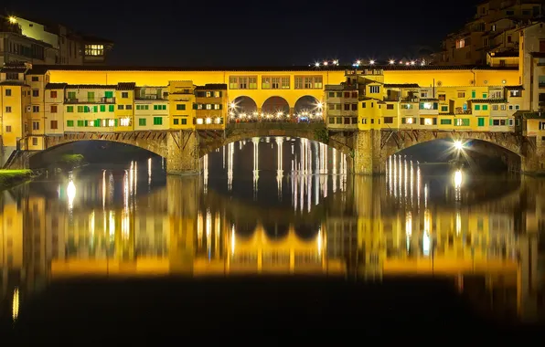 Картинка ночь, мост, огни, река, Италия, Флоренция, Понте Веккьо, Арно