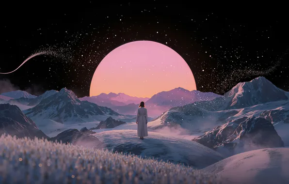 Картинка space, girl, moon, stars, way, digital art