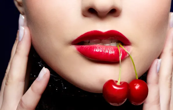 Лицо, вишня, ягоды, помада, губы