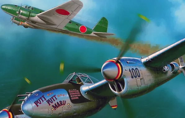 Рисунок, арт, Lightning, Lockheed, ВВС США, P-38, американский тяжёлый истребитель, разведывательный самолёт