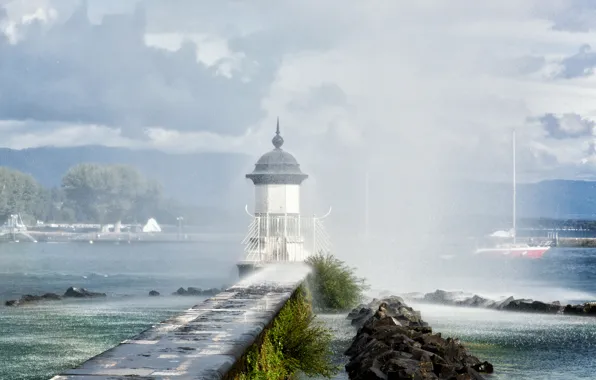 Брызги, озеро, дождь, маяк, Швейцария, Lake Geneva