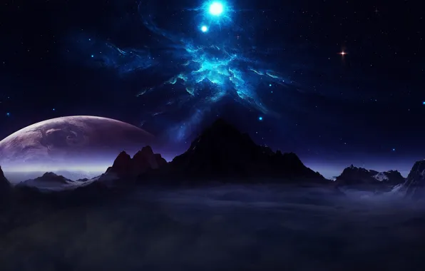 Universe, sky, digital, landscape, mountains, clouds, stars, planets