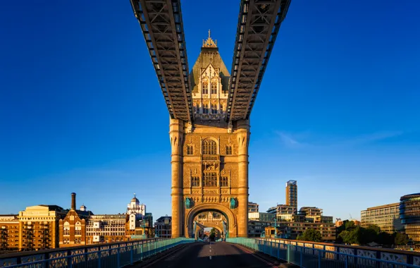Небо, солнце, мост, Англия, Лондон, дома, Tower Bridge