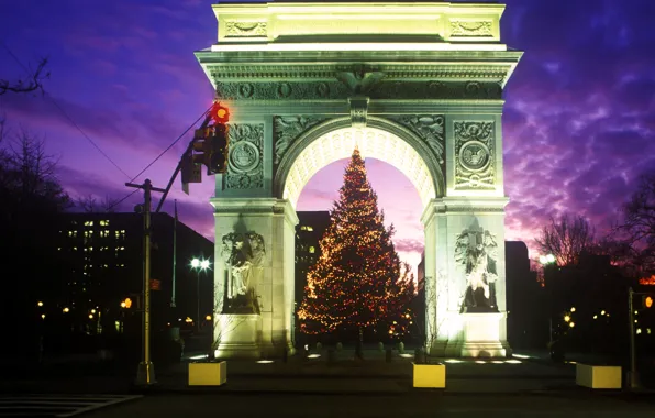 Картинка ночь, елка, арка, Washington Square Park