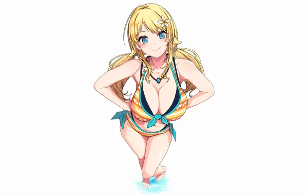 Girl, sexy, cleavage, long hair, boobs, anime, water, blue eyes