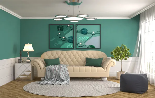 Диван, green, интерьер, картина, люстра, гостиная, decoration, дизайн 3D