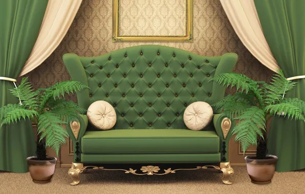 Картинка цветы, дизайн, зеленый, стиль, комната, диван, интерьер, подушки