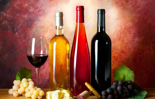 Картинка вино, бокал, сыр, хлеб, виноград, пробка, бутылки, натюрморт