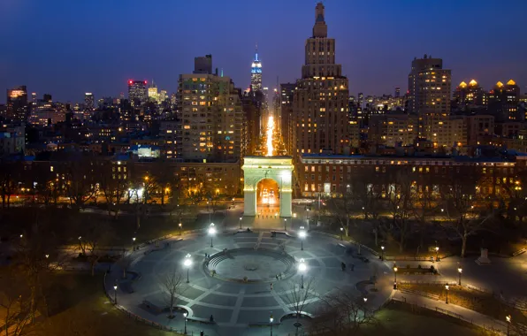 Ночь, огни, парк, дома, Нью-Йорк, арка, США, Washington Square Park