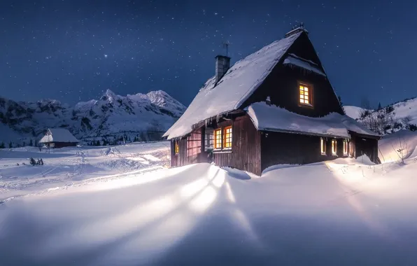 Зима, свет, снег, пейзаж, горы, ночь, природа, дома
