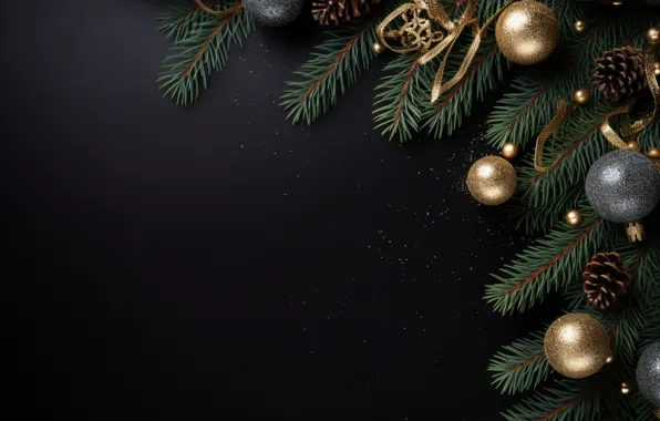 Украшения, темный фон, шары, Новый Год, Рождество, golden, new year, happy