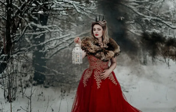 Зима, лес, взгляд, девушка, снег, природа, поза, стиль