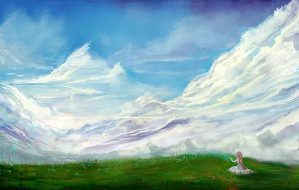 Картинка трава, облака, горы, природа, бабочка, арт, сидя