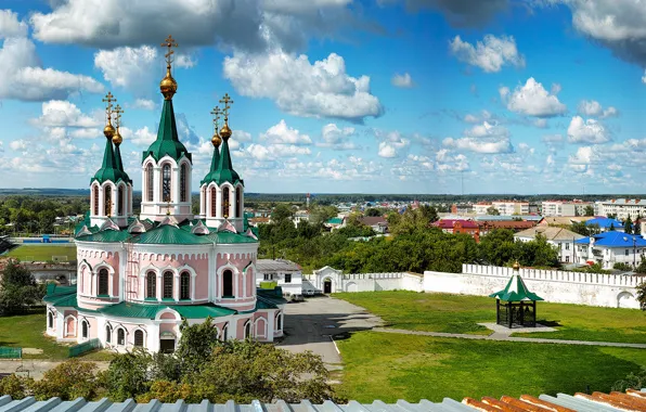 Картинка небо, облака, двор, церковь, панорама, Россия, монастырь, Далматовский Успенский монастырь