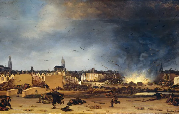 Картинка дерево, масло, картина, Эгберт Ливенс ван дер Пул, Взрыв Пороховой Башни в Делфте