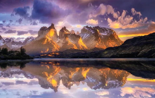 Горы, озеро, отражение, Чили, Анды, Южная Америка, Патагония