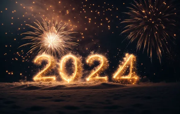 Картинка цифры, New year, numbers, салют, 2024, fieworks, Новый год, golden